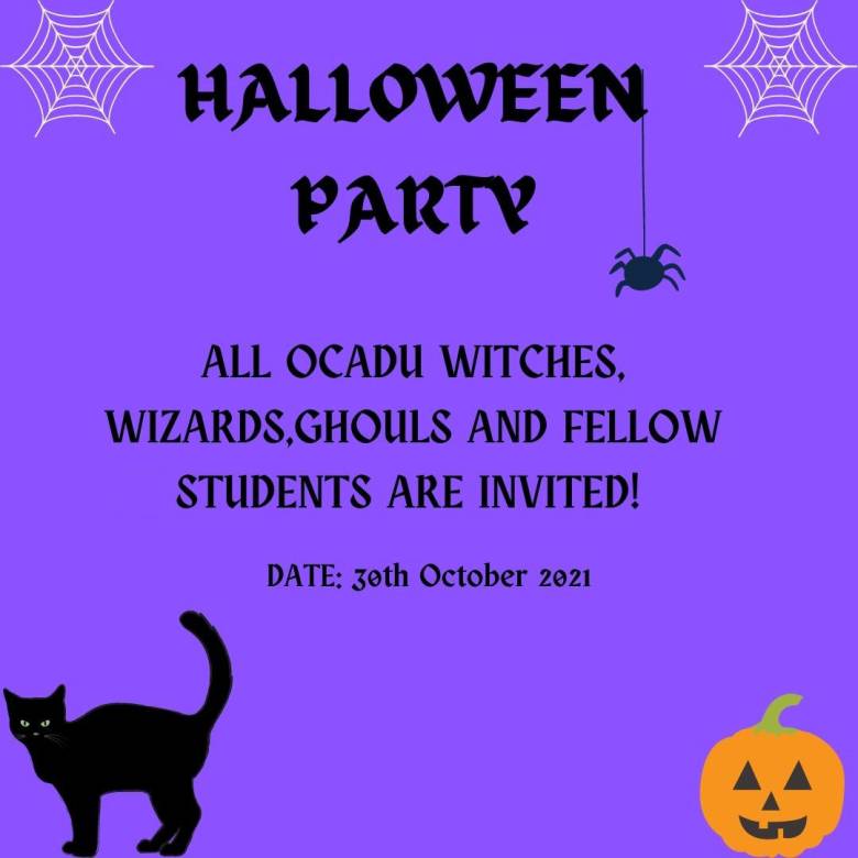 A purple graphic with cobwebs, spiders, a black cat and jack-o-lantern. Text reads "Halloween Party: all OCAD U witches, wizards, ghouls and fellow students are invited. Date: 30th October 2021"