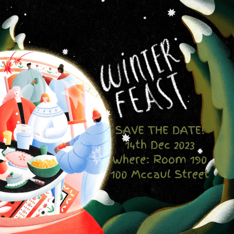 graphic designed by Madeline Yee features an illustration of a snow globe with people inside enjoying a celebration. A dark background has snow-covered evergreen trees and text as found above.