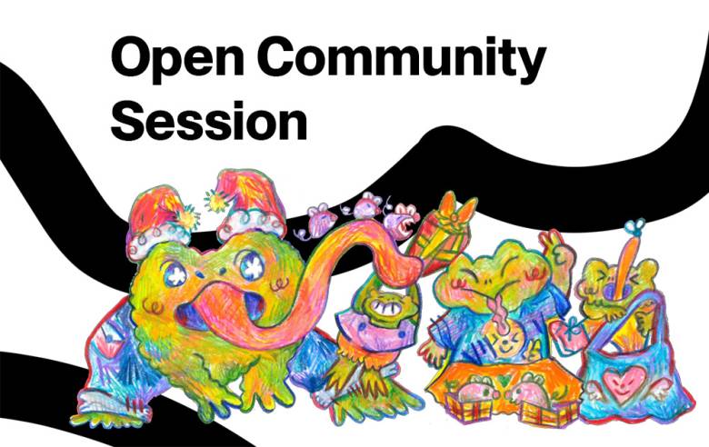 White background white black lines. Frog illustration in foreground. Text in black: "Open Community Session".