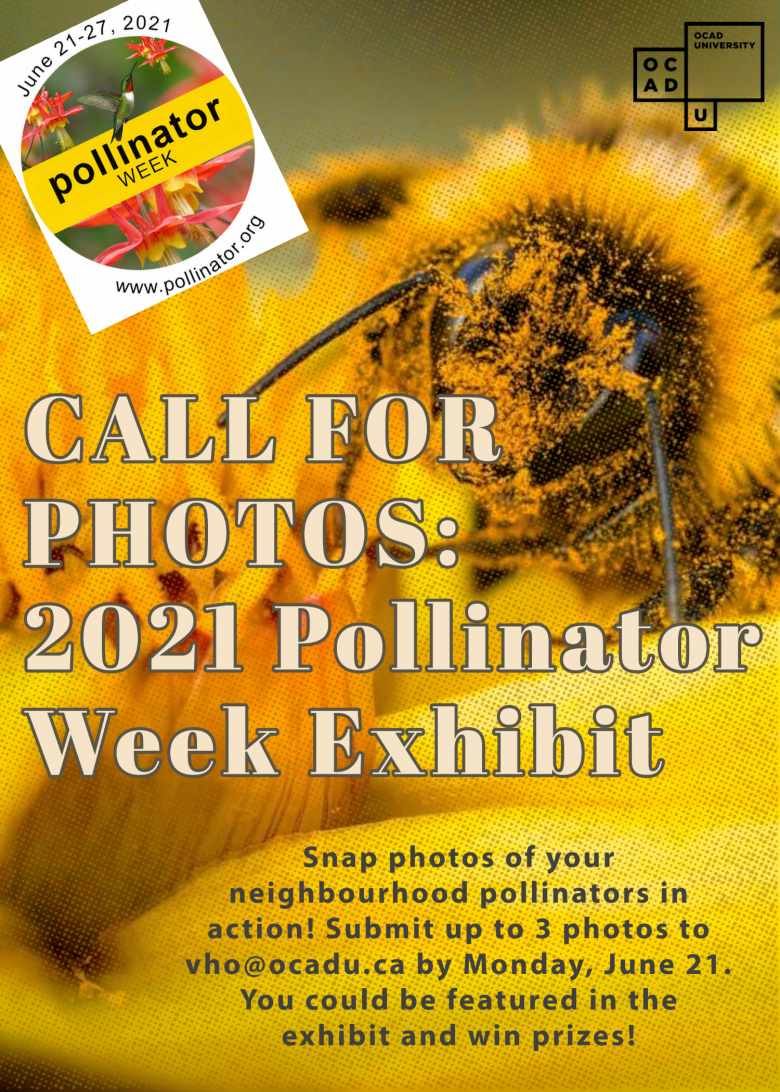 A fuzzy yellow bee covered in pollen accompanied by event text Call for Photos 2021 Pollinator Week Exhibit