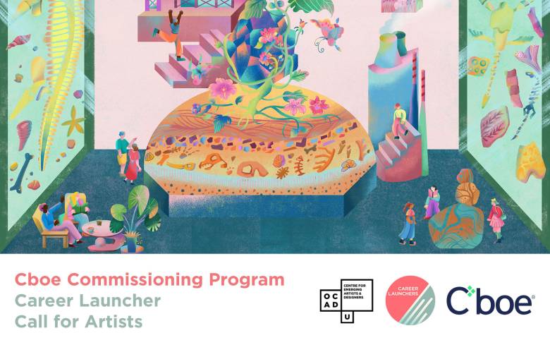 Illustration by Kristen Huang titled Endless Roots. White banner on bottom. Pink and green text on bottom left foreground: "Cboe Commissioning Program Career Launcher Call for Artists". OCAD U CEAD, Career Launchers and Cboe logo on bottom right.