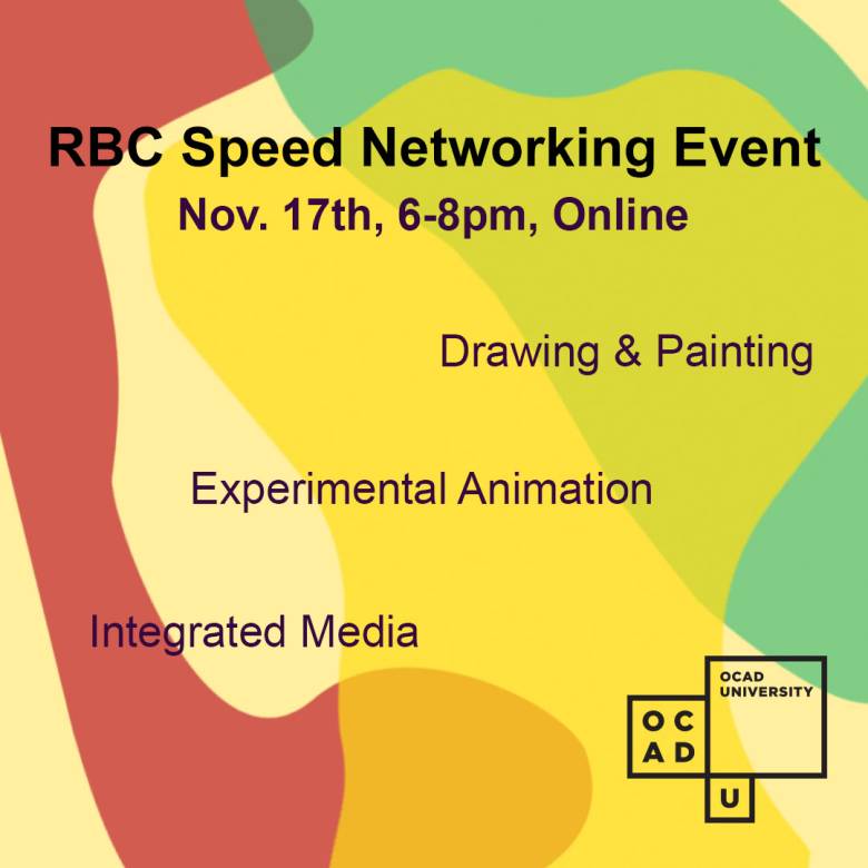 red, yellow, and green overlapping, organic shapes on a pale yellow background with the text "RBC Speed Networking Event. November 17, 6pm to 8pm, online"