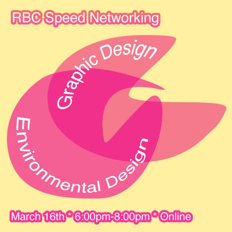 yellow background with pink abstract shapes, and text reading Environmental Design and Graphic Design. 