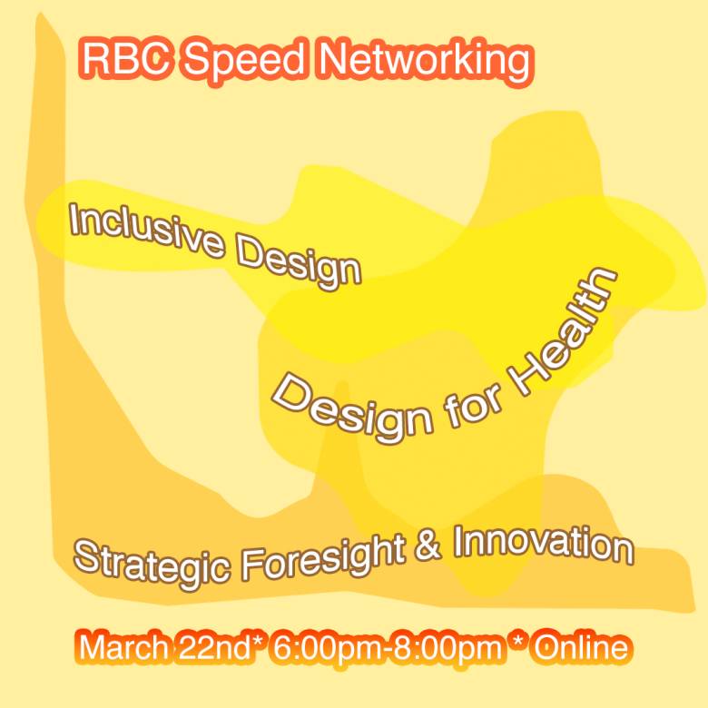 yellow background with darker yellow abstract shapes, with text reading "Inclusive Design, Design for Health, and Strategic Foresight and Innovation. March 22nd 6-8pm, Online. 