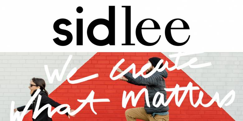 Sid lee logo on black on top against white background. against graphic of two people jumping against red triangle