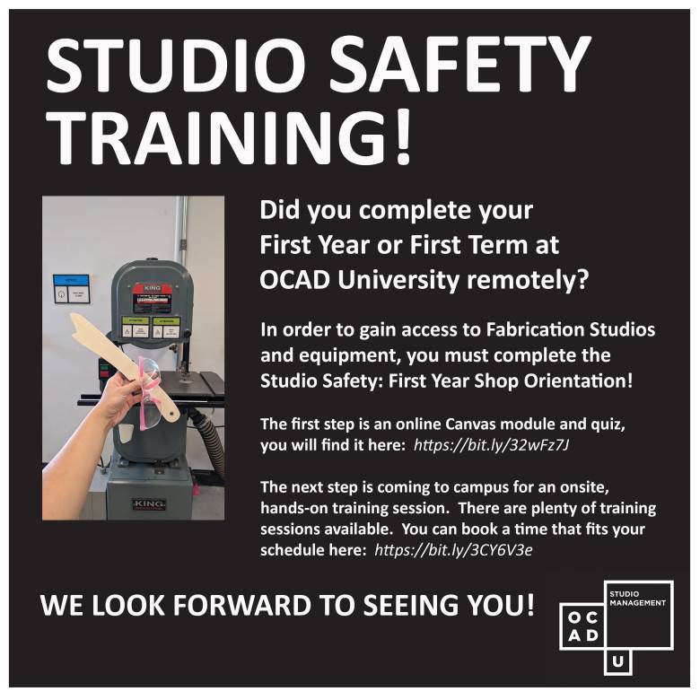 Image of push stick and bandsaw and text with safety training details