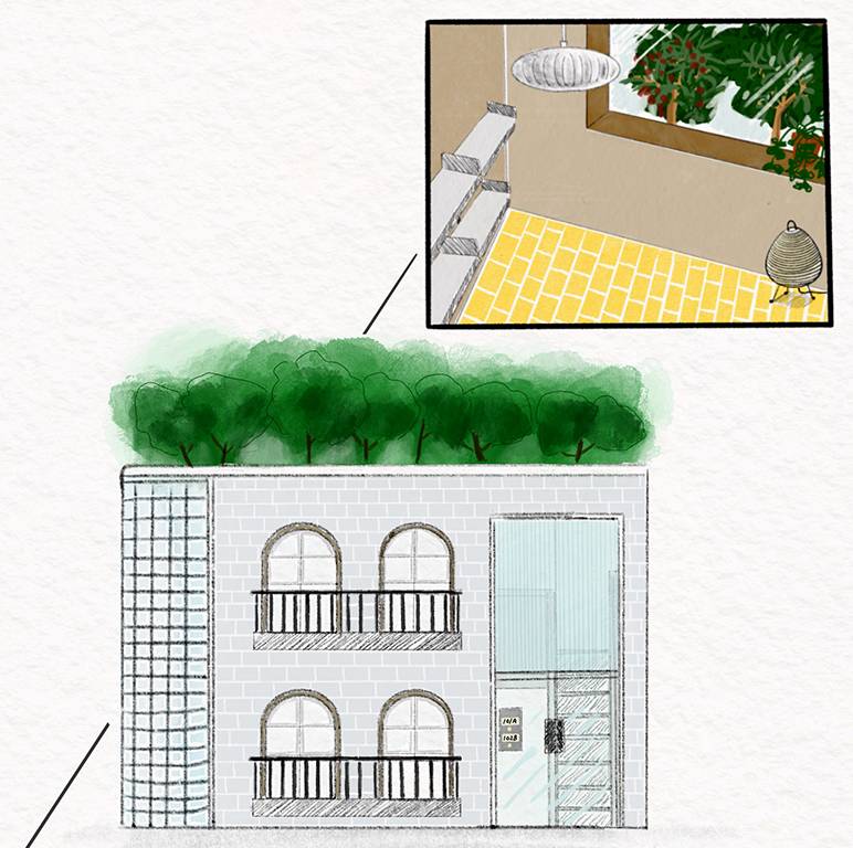 Detail of digital drawing showing a grey brick building at the bottom with four arched windows and balconies. At the top right corner of the image is bordered view of an interior space with yellow floor tiles, a hanging ceiling lamp, a small floor lamp , and a window with a plant on the ledge and trees outside.