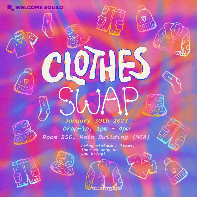 Student-designed graphic has a psychelic, tie-dye background and scattered illustrations of a variety of clothing items. Text as found above.