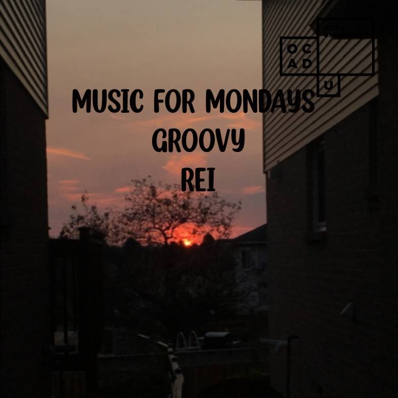 Groovy music for mondays text over a sunset in a backyard