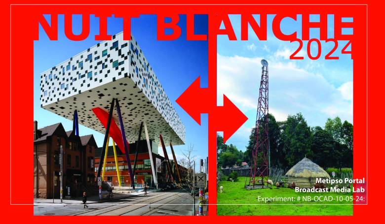 Left side photo of tabletop building at OCAD University; right side photo of mud hut with high antenna.