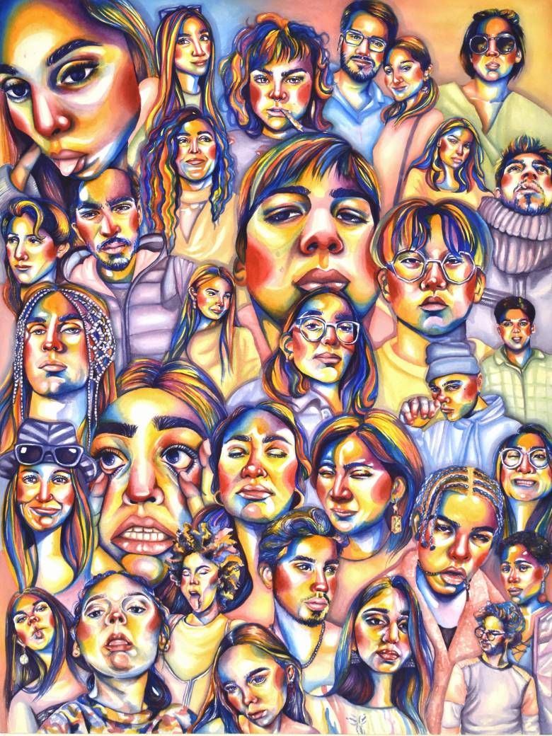 A painting of multiple portraits of people painted in red, orange, purple and blue