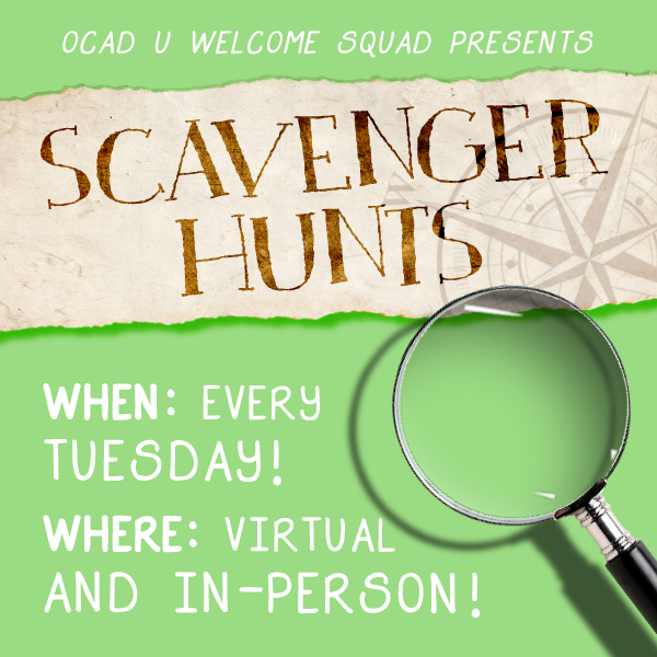 Graphic shows the words Scavenger Hunts, Tuesdays, virtual and in person. 
