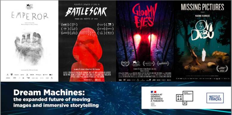 Poster for Dream Machines showing the four films being presented: Emperor, Battlescar, Gloomy Eyes and Missing Pictures.