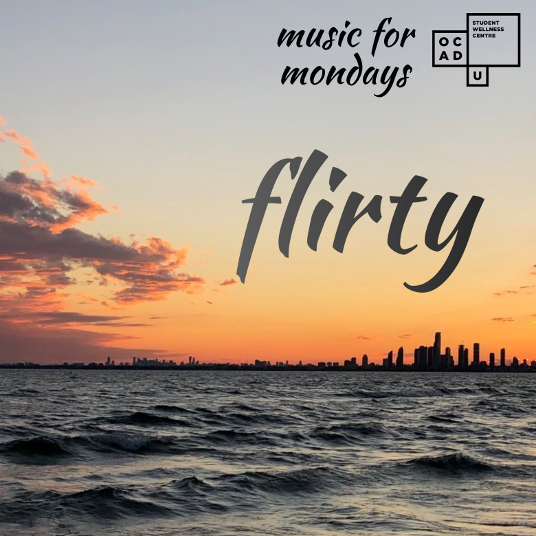 Creamsicle orange sunset from Hanlans point over the water with the words flirty music for mondays from Student Wellness Centre