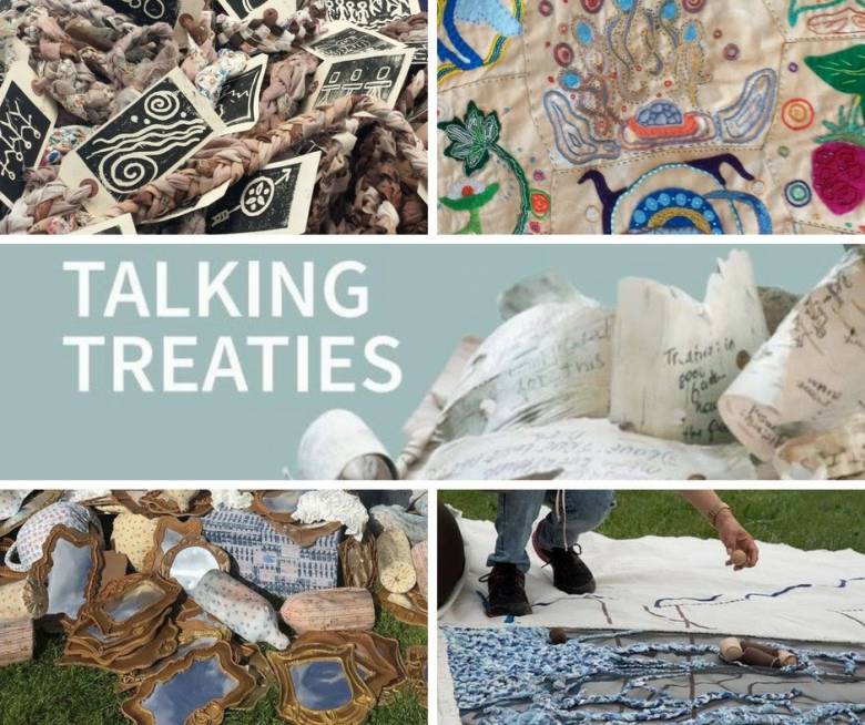 talking treaties in white text on eggshell blue background surrounded by textile art, birch papers, and block prints