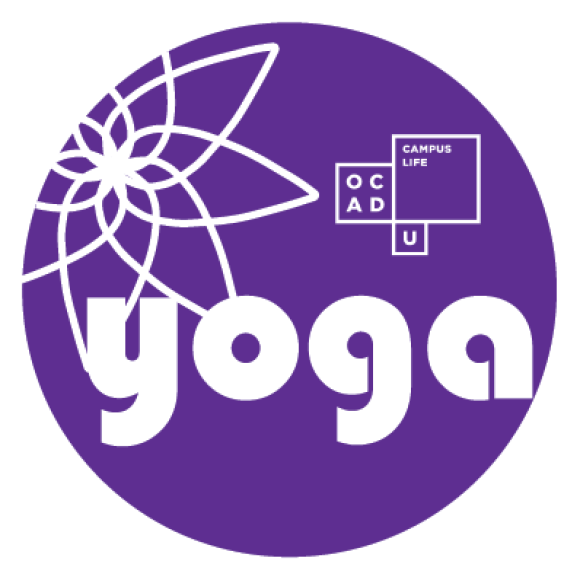 A purple dot contains an illustrated lotus flower and the word "yoga". The OCAD U Campus Life logo is in the upper-right.