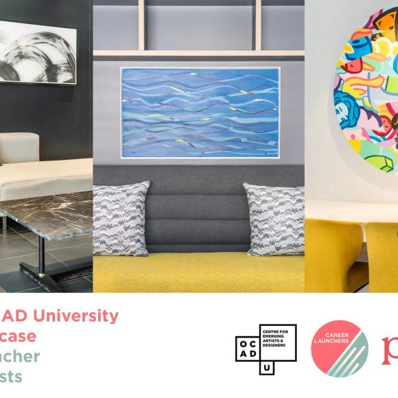 Three images of an interior with OCAD U Partial artist's work hung up on the walls. White banner on the bottom of image with pink and green text: "Partial × OCAD University Artist Showcase Career Launcher Call for Artists". OCAD U CEAD, Career Launchers and Partial logo on bottom right.