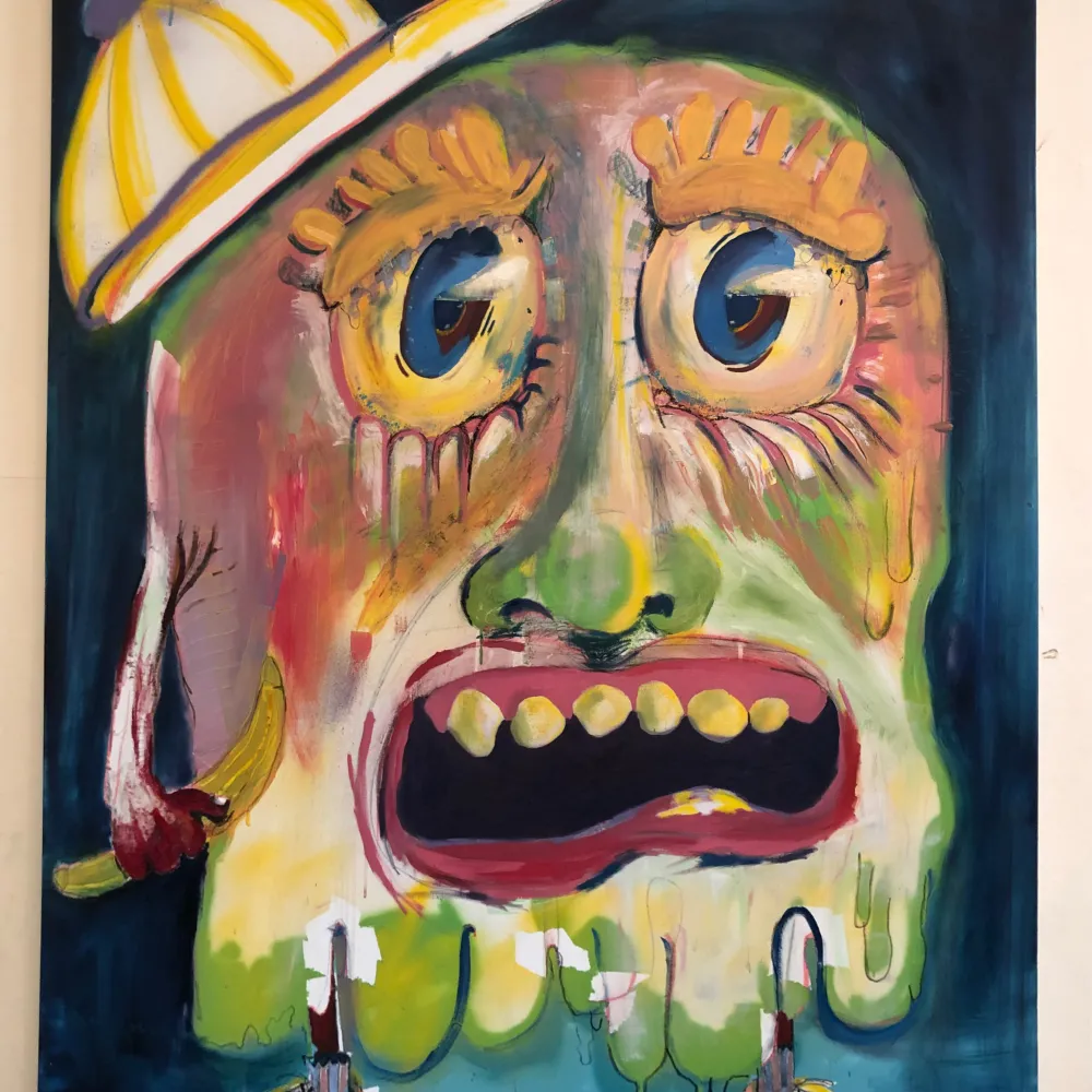 Painting of fictitious gelatine man, melting in the sun.