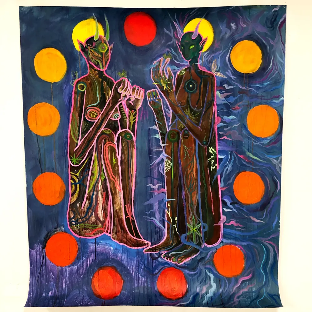 Painting of a 2 figures on dark blue background with red, orange and yellow circles surrounding them