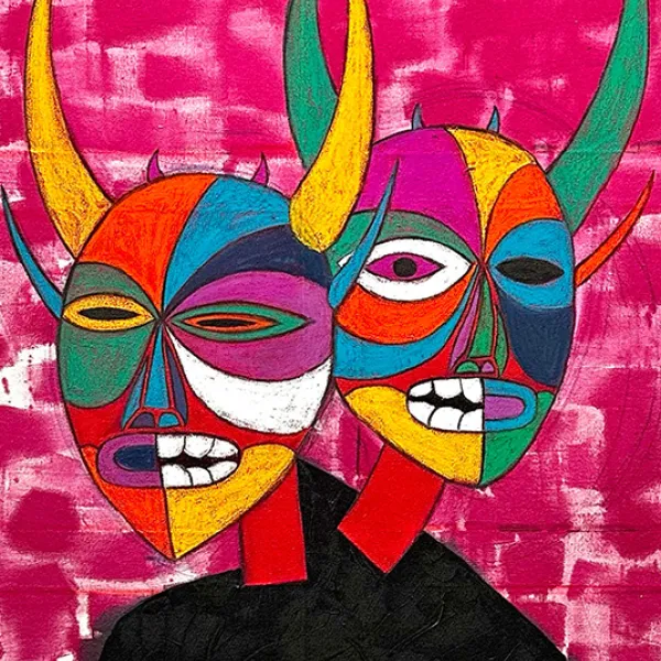 Painting of two abstract faces on a bright pink background