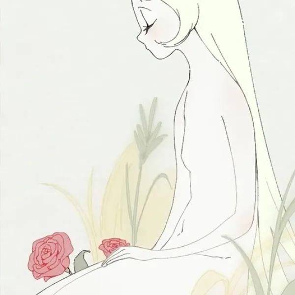 Illustration of a person kneeling on the ground holding a flower.