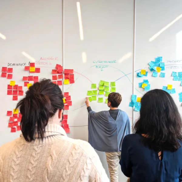 Group of people doing a mapping exercise with sticky notes